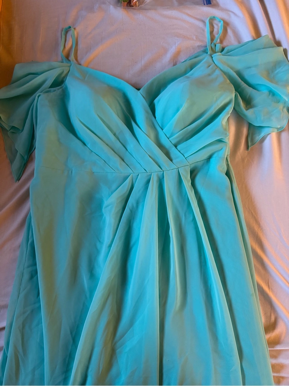 JJs House Aqua Cold-Shoulder Chiffon Gown